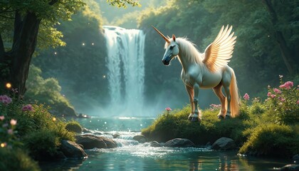 Fototapeta premium Mythical winged unicorn stands near waterfall in magical forest. Glowing sparks float around mythical creature. Green plants and pink flowers grow near water stream.