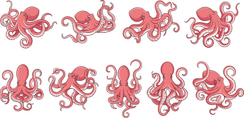 Collection of cute pink octopus characters in various swimming and tentacle poses isolated on white background for marine life and ocean design. © Selim Studio