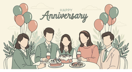Happy anniversary celebration with group of people gathered around table with cakes, drinks, balloons and festive atmosphere, perfect for event or party themes