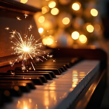 Sparkler on piano keys with festive bokeh lights. Celebration music event with warm glowing background. New Year party atmosphere, holiday fun, joyful mood.