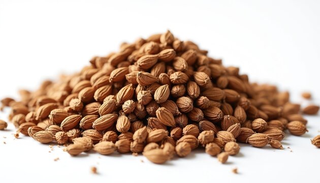 Pile of dried coriander seeds on white surface. Spice for cooking and seasoning. Natural herbal ingredient for food. Aromatic condiment for meals.