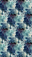 Seamless Abstract Geometric Pattern with Spiral Heart Shapes in Cold Blue and Ivory