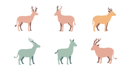 Obraz premium Cute stylized flat design deer and elk icons isolated on white background, wildlife animal illustration perfect for nature and forest projects