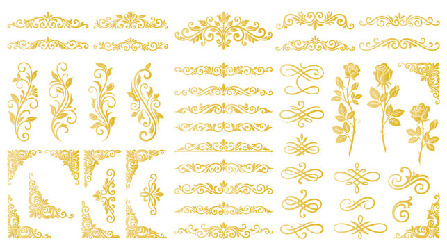Golden ornamental dividers and floral flourishes set for decoration