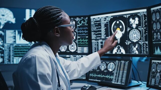 Female scientist analyzing brain MRI on multiple screens