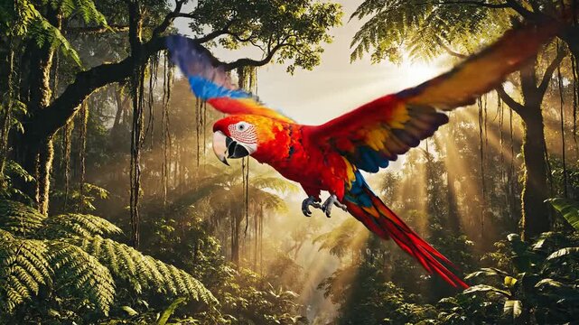 A vibrant macaw soars through a lush, sunlit jungle, its wings a spectacle of red, yellow, and blue hues