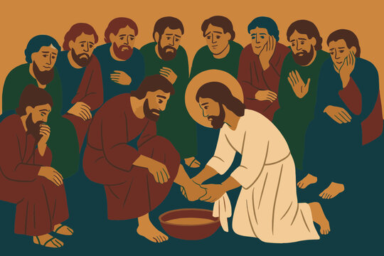 Group of Apostles Having Feet Washed by Jesus in Maundy Thursday Ceremony