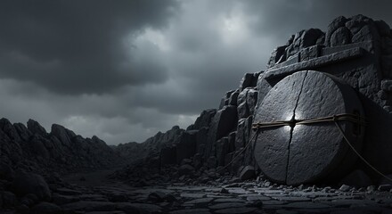 Fototapeta premium Large cracked stone sealing an ancient tomb entrance. Biblical resurrection concept with dark stormy sky. Easter religious background