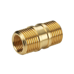 Detailed closeup of a single brass pipe fitting with male and female threaded ends for plumbing connections isolated on white transparent background