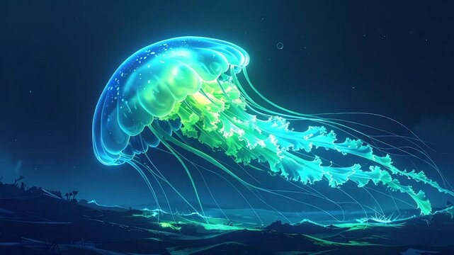 A bioluminescent jellyfish floats in deep water. Glowing tentacles and a luminescent bell create the scene