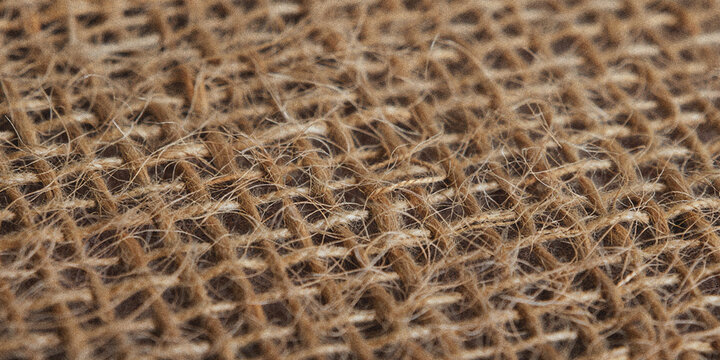 Close up of a woven burlap texture displaying natural fiber details