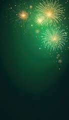 Fototapeta premium Golden fireworks explode against a deep green gradient background. Tiny bright sparks scatter and glow creating a festive, celebratory mood for events or promotions. Ample copy space for text.
