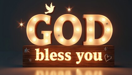 Obraz premium Glowing marquee letters spell God bless you over wood base. A dove hovers above the message with sparkling stars and heart accents. This decorative phrase is lit with warm light bulbs.