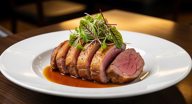 Elegant beef dish garnished with fresh herbs and rich sauce on a white plate. pierna cordero