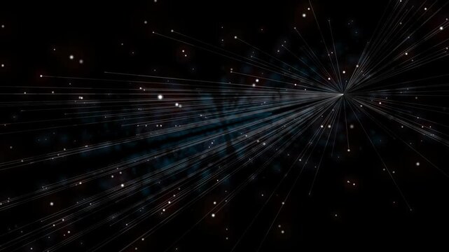 A monochromatic scene featuring a central point from which thin, faint lines and soft blue-grey bokeh particles radiate. The movement mimics a slow-motion voyage through a sparse, foggy starfield or d
