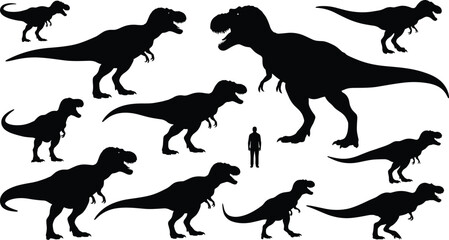 Naklejka premium Tyrannosaurus rex dinosaur silhouettes showing size comparison with human figure, prehistoric predator evolution, realistic black vector illustration set isolated on white background