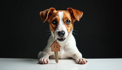Fototapeta premium Small dog Jack Russell Terrier holds house key in mouth. Cute pet delivers new home security. Animal with wooden house keychain, ready for family.
