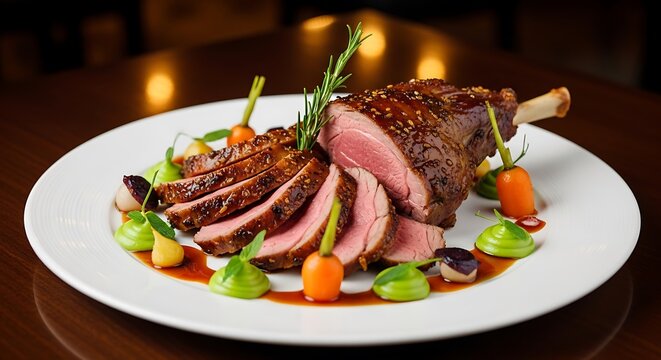 Elegant sliced lamb with roasted vegetables on a white plate. pierna cordero