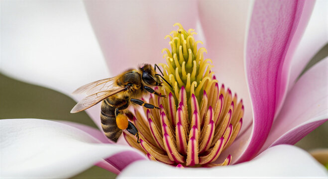 Honey bee collecting pollen from a vibrant pink magnolia flower for pollination concept and ecological balance through macro photography