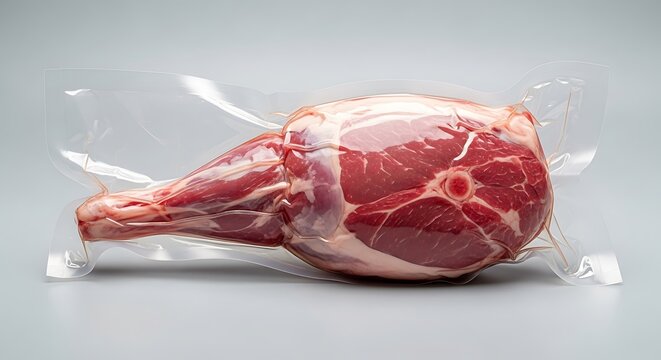 Packaged raw beef shank cut in vacuum-sealed plastic wrap . pierna cordero