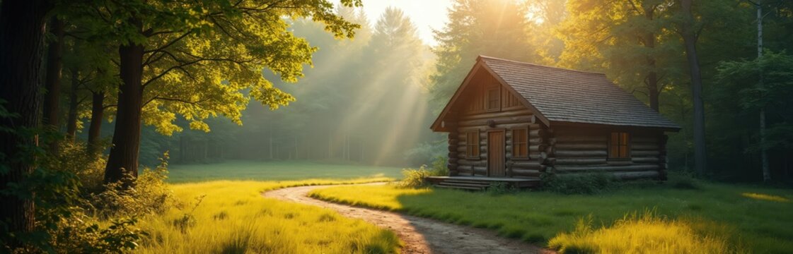 Wooden log cabin sits in sunny forest glade. Winding path leads to cozy home surrounded by lush green trees. Sunlight streams through branches creating peaceful natural scene.