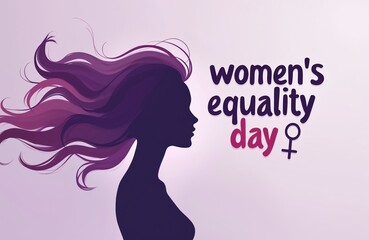 Obraz premium Silhouette of woman with flowing hair beside text Women Equality Day and female symbol. Illustration promotes gender parity, empowerment, and women rights.