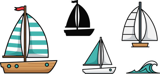Sailboat and Ocean Wave Icons Set Sailing Boats Marine Transport Vector Illustration © MstFarida