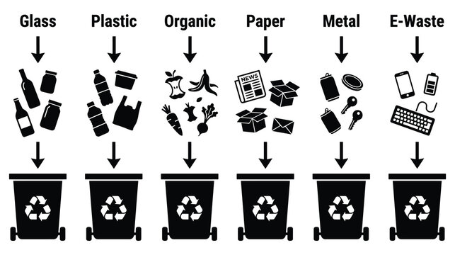 Recycling bin silhouettes with different garbage types for sorting