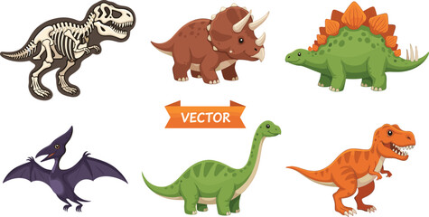 Cute Cartoon Dinosaur Vector Set with T-Rex, Triceratops, Stegosaurus and Pterodactyl © MstRoksana
