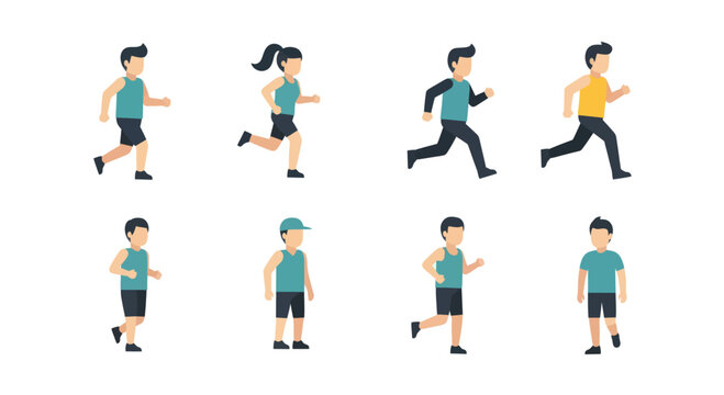Flat style male and female runners and walkers in various poses, fitness and exercise silhouettes for healthy lifestyle and sport illustrations