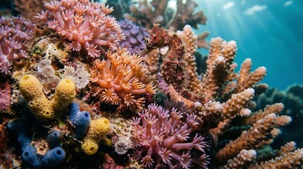 Obraz premium A Stunning Underwater Arrangement of Diverse Coral Species, Presenting the Essential Beauty and Vibrant Ecosystem of a Healthy Reef Illuminated by Sunlight