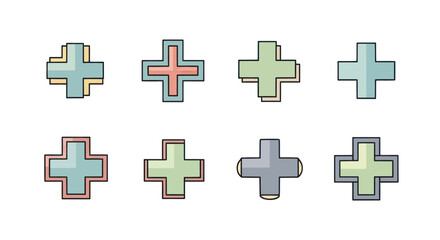 Obraz premium Set of illustrated colorful plus signs with various outlines and shadows, perfect for graphic design, icons, and decoration