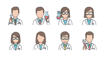 Fototapeta premium Set of male and female scientists in lab coats and goggles holding lab glassware with chemical liquids and bubbles, science research icons