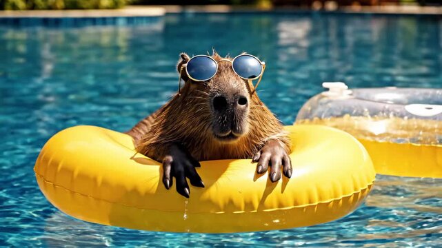 Funny beaver wearing sunglasses relaxing on a yellow swimming ring in a blue pool on a sunny day outdoors