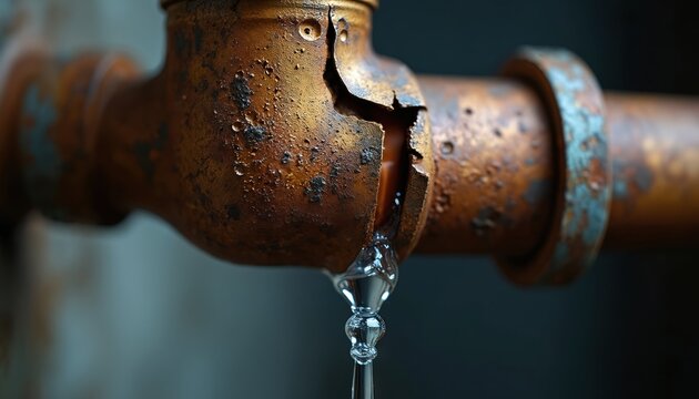 Cracked rusty metal pipe drips water drops. Plumbing damage, water leak emergency, home repair concept. Old infrastructure failure and decay close up.
