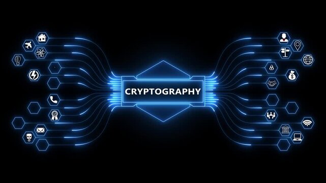 Futuristic cryptography digital security interface with encrypted data flow cyber network protection system blockchain encryption technology concept 4K animation video