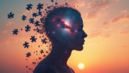 Fototapeta premium Human head silhouette dissolves into galaxy puzzle pieces against sunset sky. Concept of memory loss, fragmentation, and abstract thought processes.
