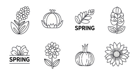 Fototapeta premium Spring themed black and white simple flower and pumpkin line icons with text elements, perfect for seasonal design and decoration
