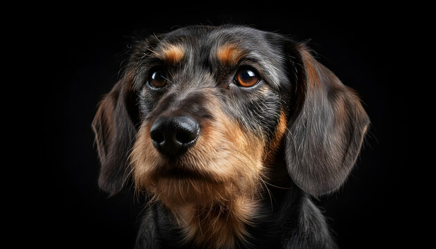 Portrait of a wirehaired dachshund mix dog on a solid black background