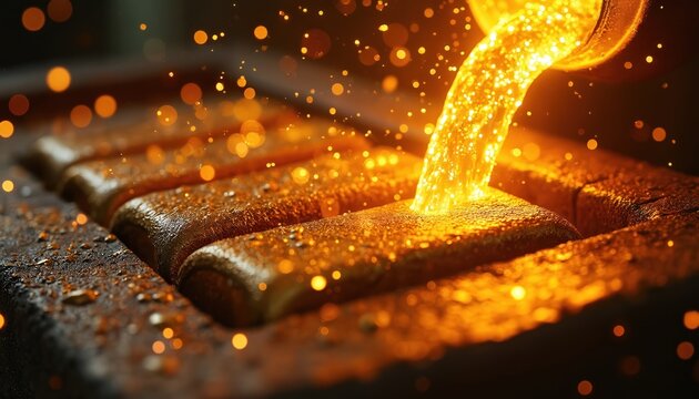 Molten gold liquid streams into metal mold, forming ingots. Hot sparks fly, creating a shiny, glowing, fiery effect. Richness and wealth are visible in this metal casting process.