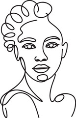 African woman face line drawing. Curly hair linear. Minimalistic abstract women portrait continuous line art for logo, prints, tattoos, posters. one line Icon drawing