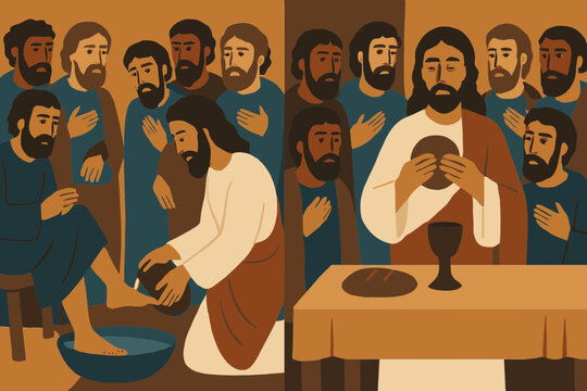 Complete Biblical Scene of Maundy Thursday with Foot Washing and Eucharist Combined