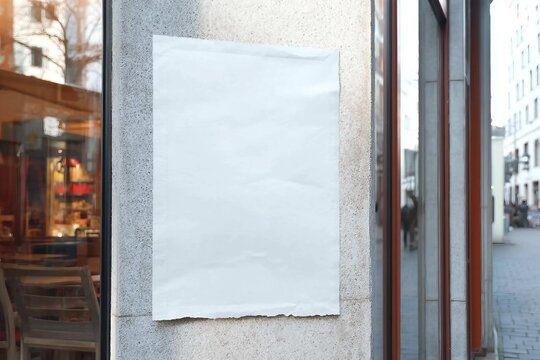 White wrinkled poster template. Glued paper mockup. Blank wheatpaste on textured wall. Empty street art sticker mock up. Clear urban glued advertising canvas.