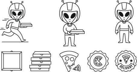 Fototapeta premium Set of Extraterrestrial Pizza Delivery Characters and Fast Food Icons Featuring Alien Couriers and Boxes for Sci-Fi Restaurant Design.