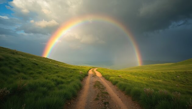 Dirt road winds through green grassy hills under a vibrant rainbow and dramatic clouds. Sunlight breaks through after rain, creating a beautiful, hopeful landscape.