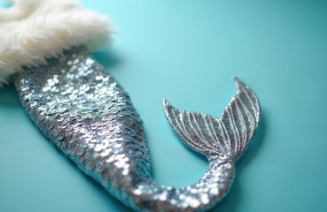 Fototapeta premium Shiny mermaid tail costume with white fur trim on blue background. Sparkling scales shimmer, fantasy creature, playful, magical sea element for kids party dress-up.