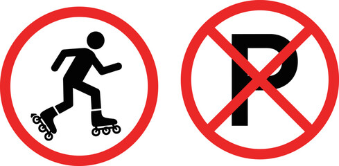 Prohibition traffic signs set, no roller skating and no parking symbols, red circle restriction icons road safety warning sign illustration