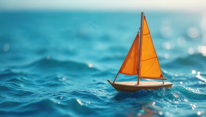 Obraz premium Small wooden sailboat with orange sail floats on bright blue wavy sea. Close up view of miniature toy boat drifting on clear ocean water surface under sunny sky.