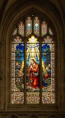 Fototapeta premium Jesus praying stained glass window with glowing light rays 