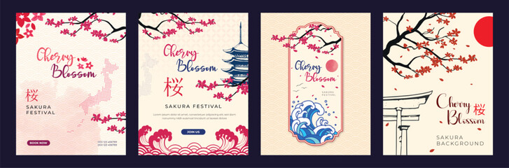 Cherry blossom poster set. Bright flyers with branches of blooming Japanese sakura festival, fragrant pink flowers and stylish text. Spring Cherry blossom background collections isolated on background © Grap Score 